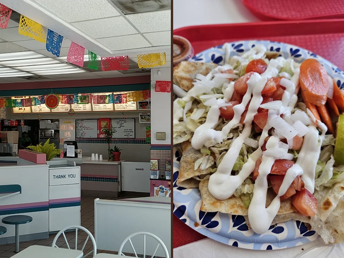 Casual seating inside a fast food restaurant.